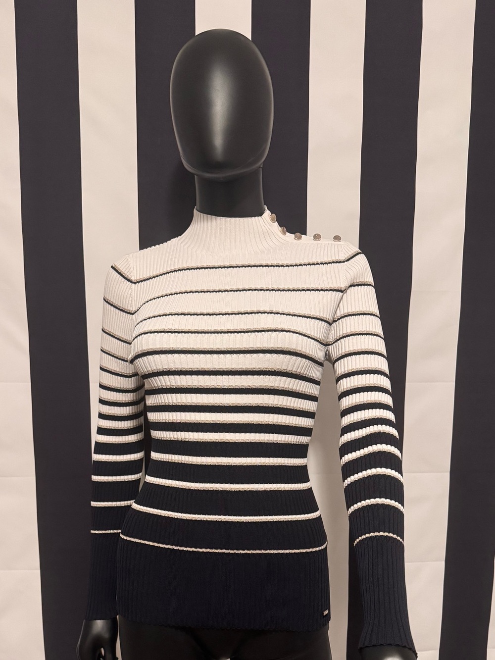 Ted Baker Navy and White Striped Ribbed Sweater with Button Detail